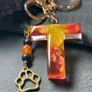 Carnelian And Onyx Custom Resin Letter “T” Keychain with Paw Charm